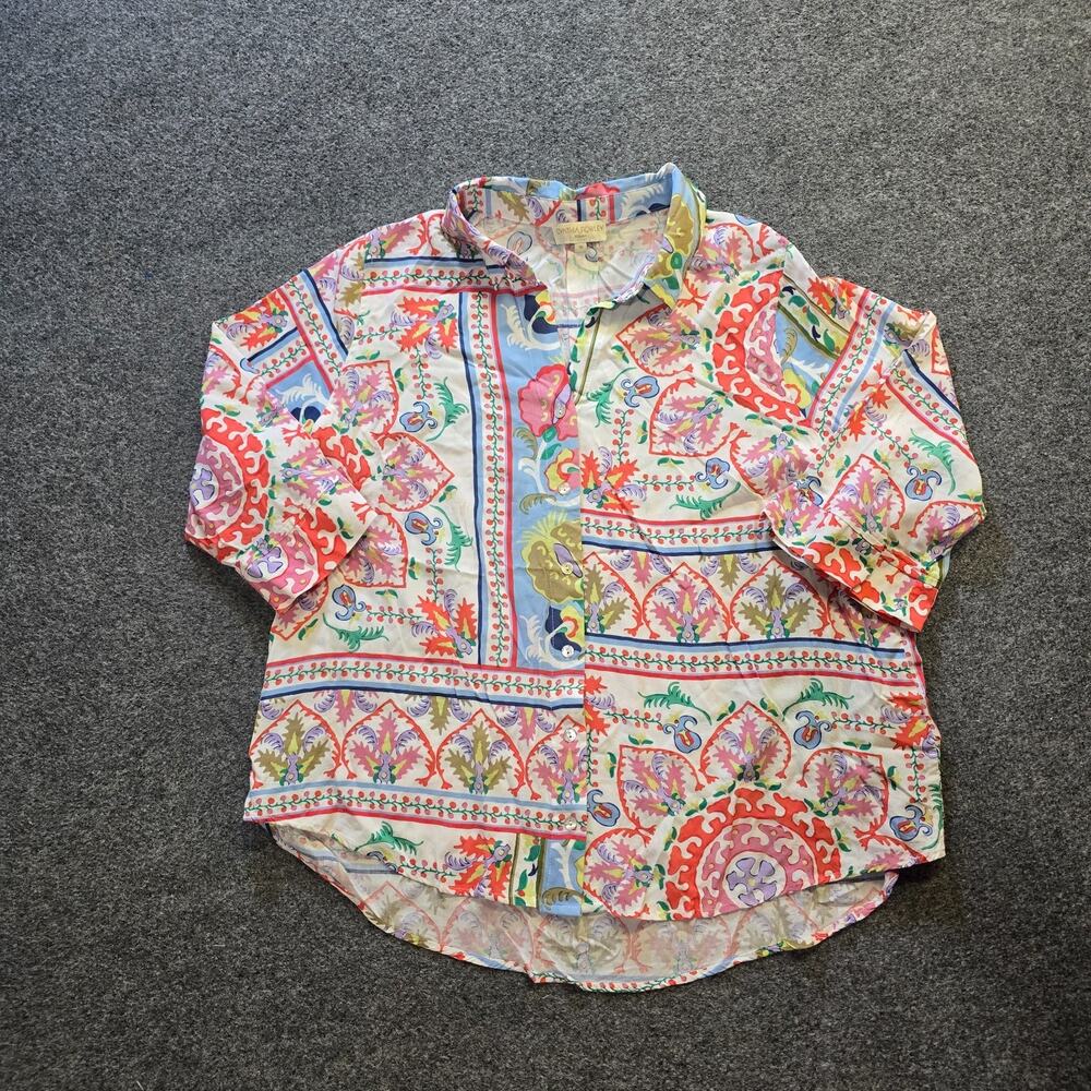 Cynthia Rowley Top Womens Size 1X White Pink Floral Patchwork Button Up Colorful
